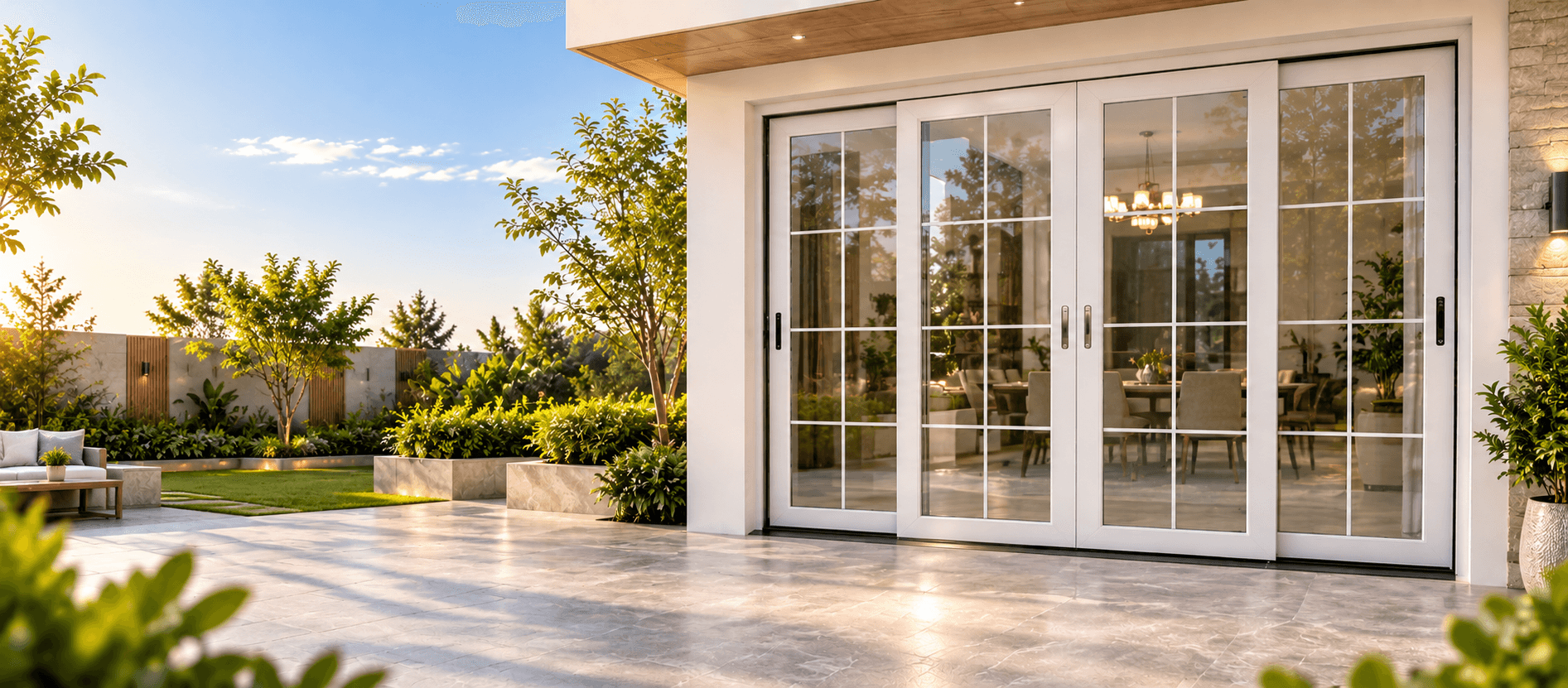 White multi-panel glass doors opening onto a sunlit terrace