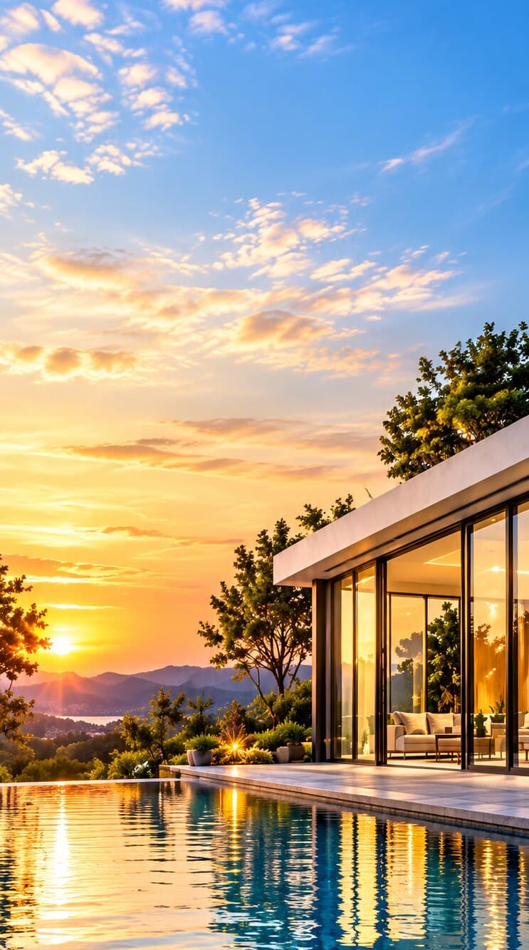 Modern home with aluminium glass sliding doors overlooking an infinity pool at sunset