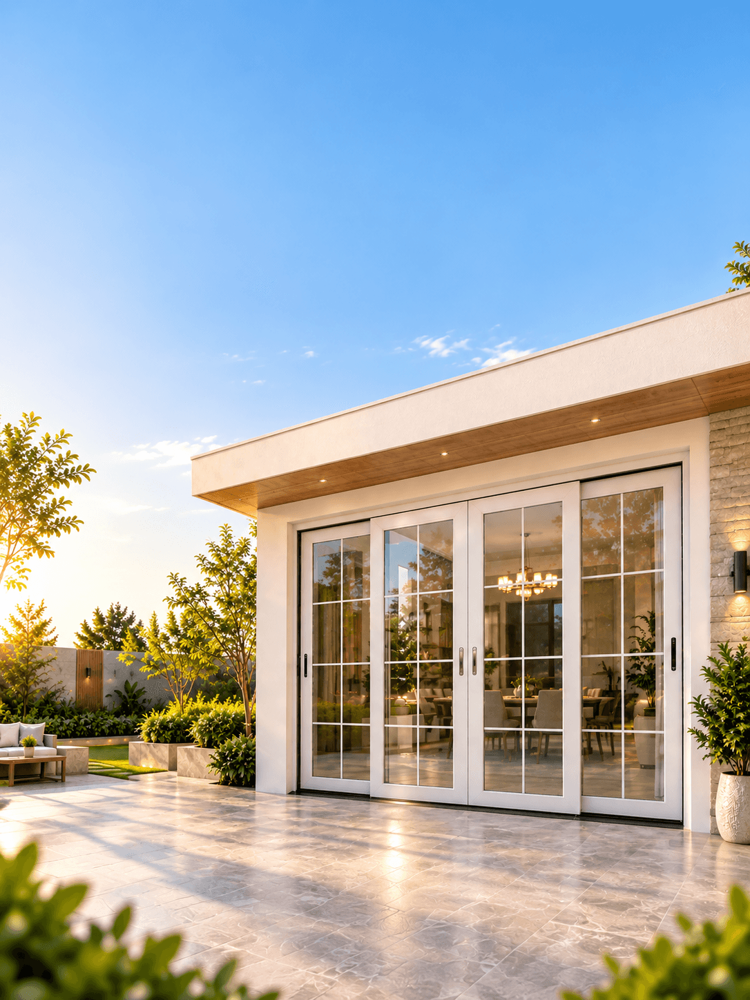 White multi-panel glass doors opening onto a sunlit terrace