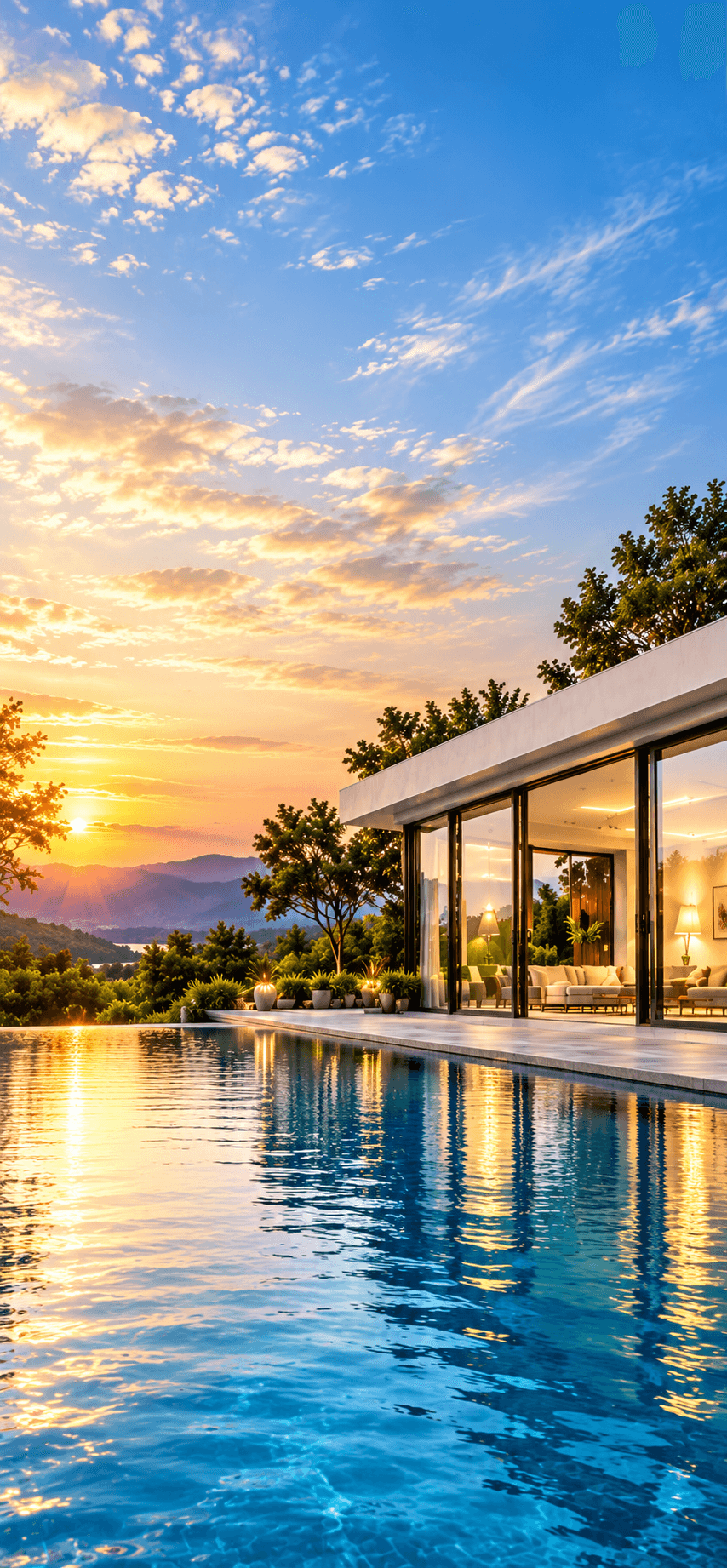 Modern white home with aluminium glass doors and infinity pool at sunset