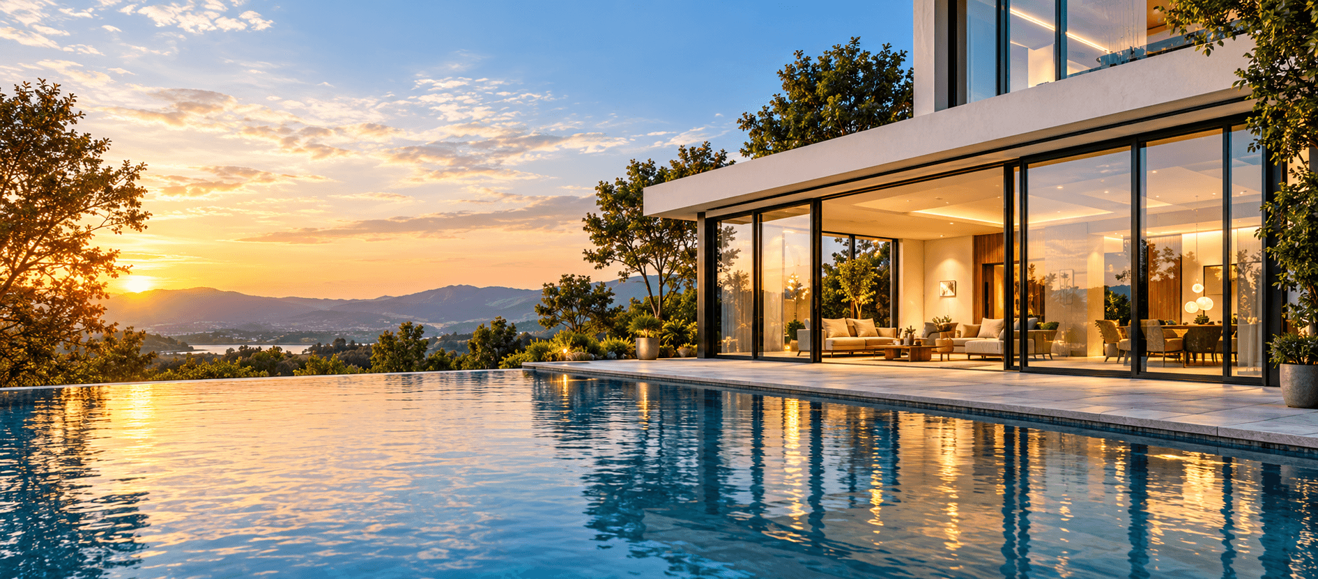 Modern home with aluminium glass sliding doors overlooking an infinity pool at sunset