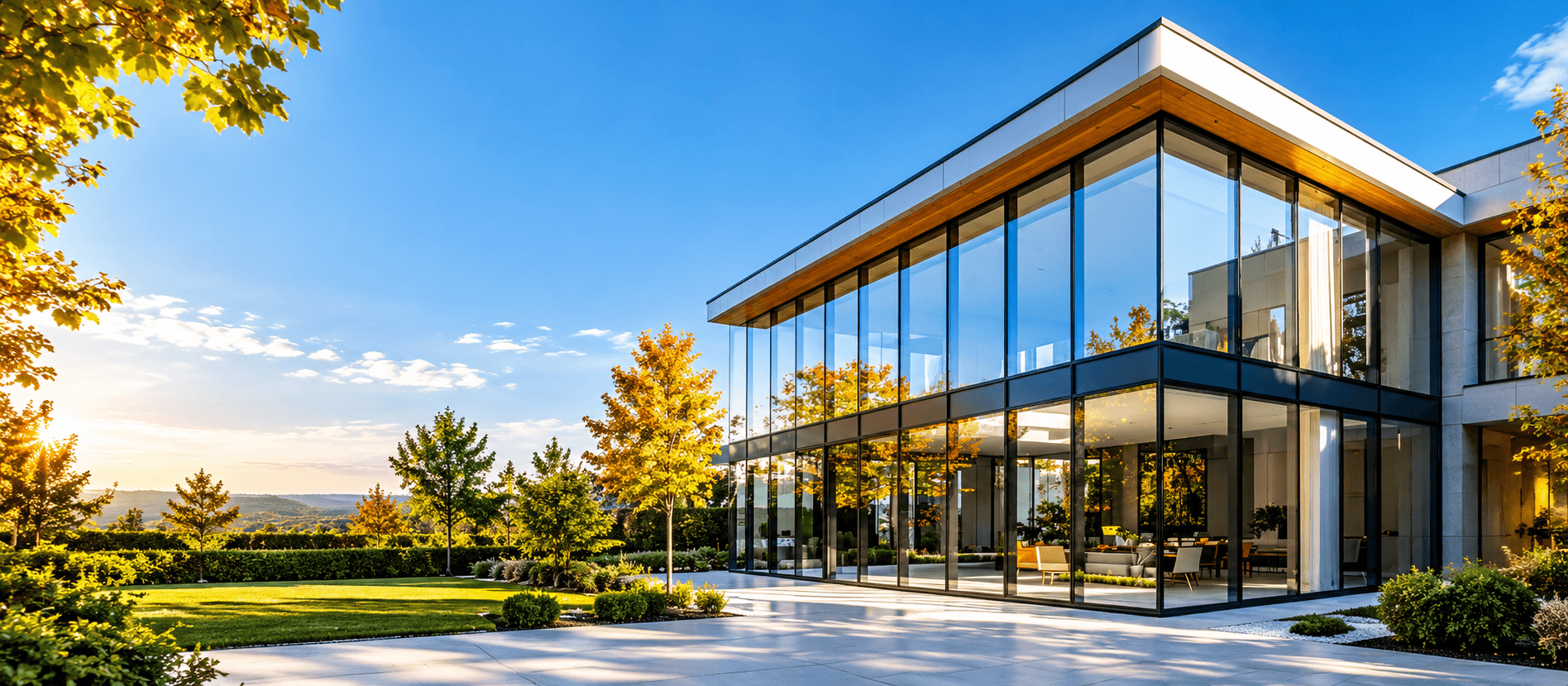 Glass-walled modern building with slim black aluminium frames