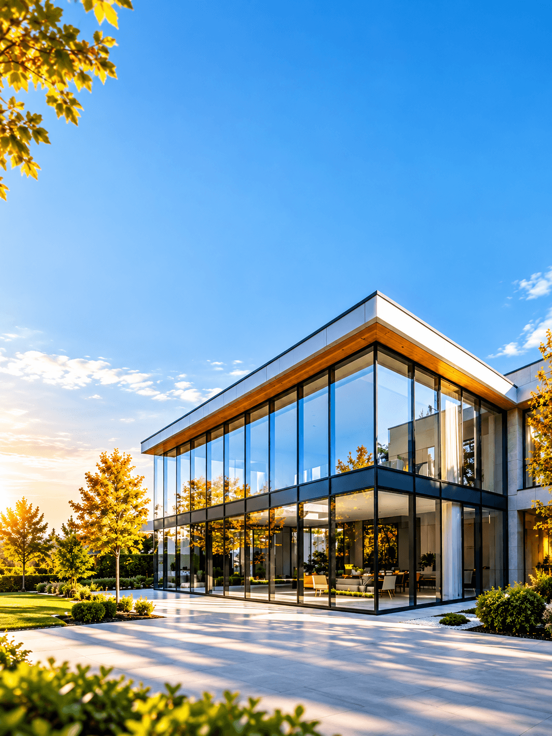 Glass-walled modern building with slim black aluminium frames